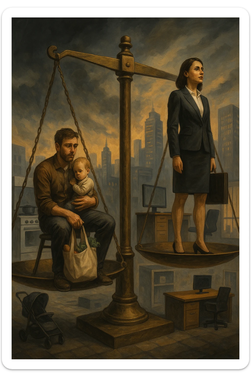 Scena metaforica: una bilancia sociale sbilanciata, con un uomo seduto da un lato con un bambino in braccio e una borsa della spesa, mentre una donna in carriera in abiti formali guarda lontano con espressione determinata. Intorno a loro, simboli confusi dei ruoli tradizionali (fornello, scrivania, passeggino, ufficio). Sullo sfondo, una città moderna e caotica. L’atmosfera è riflessiva, non giudicante. Luci contrastate, come a simboleggiare tensione culturale. in italiano sticker