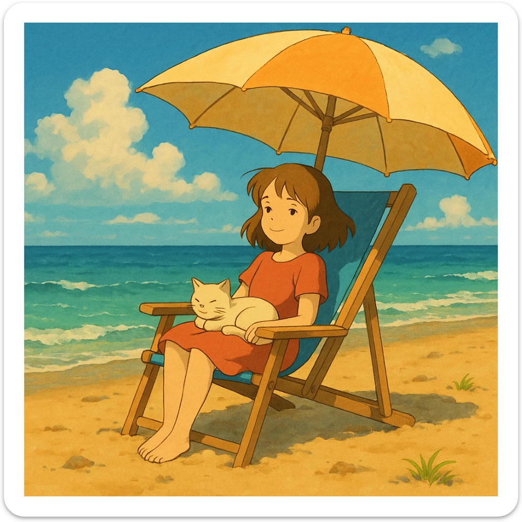 girl and her cat on the beach, sitting in a chair under the sun, ghibli style sticker