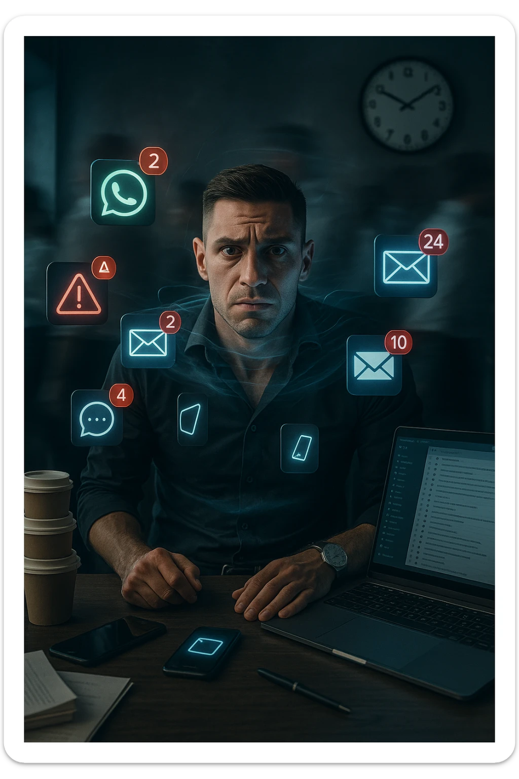 A highly realistic, cinematic portrait of a young man in his early 30s with a tired, tense expression, sitting at his modern office desk surrounded by multiple smartphones with glowing notification bubbles (WhatsApp, emails, alerts) hovering around him like aggressive neon icons. His posture is hunched, shoulders raised, eyes slightly wide, and jaw clenched, representing constant hyper-vigilance and stress. The environment is a cold, cluttered workspace with a laptop displaying endless emails and Slack notifications, coffee cups stacked nearby, and a clock showing late hours, symbolizing the relentless pace of modern work life. Behind him, ghostly blurred figures rush by in a fast-motion effect, representing the constant rush and societal pressure. A faint, tight grey aura wraps around his chest and head, symbolizing blocked breathing and mental tension, while faint blue light tries to push through, representing the body’s desire to find calm. The lighting is harsh and cool, with a 35mm hyperrealistic film style, shallow depth of field focusing on the man’s stressed face and the floating notifications, illustrating the modern trap of always being on alert. sticker