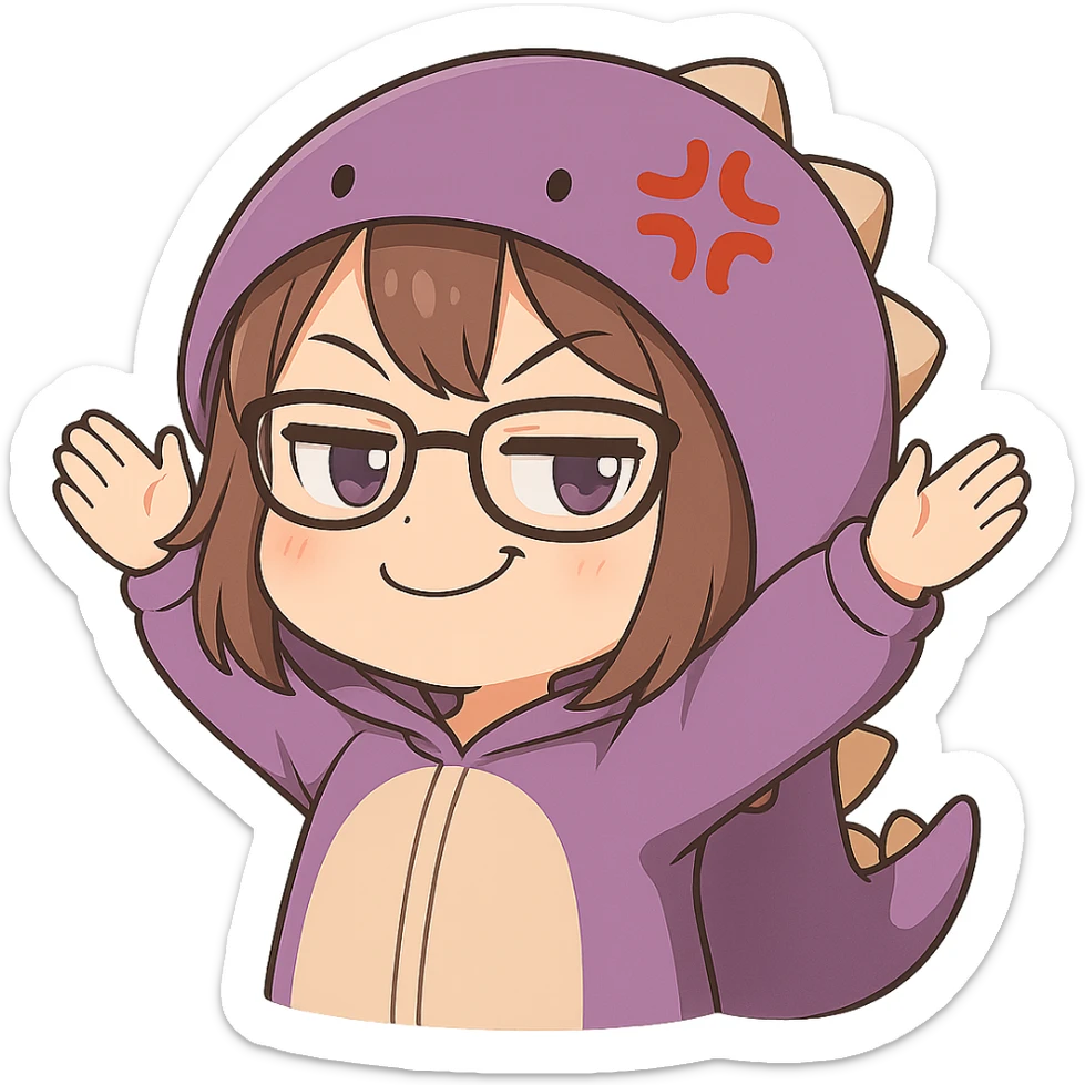 Chibi anime style gamer girl with glasses, brown hair, dark purple eyes, wearing a purple dinosaur costume, new pose with arms up in excitement, making a smug expression, no controller, no background, same style as reference. sticker