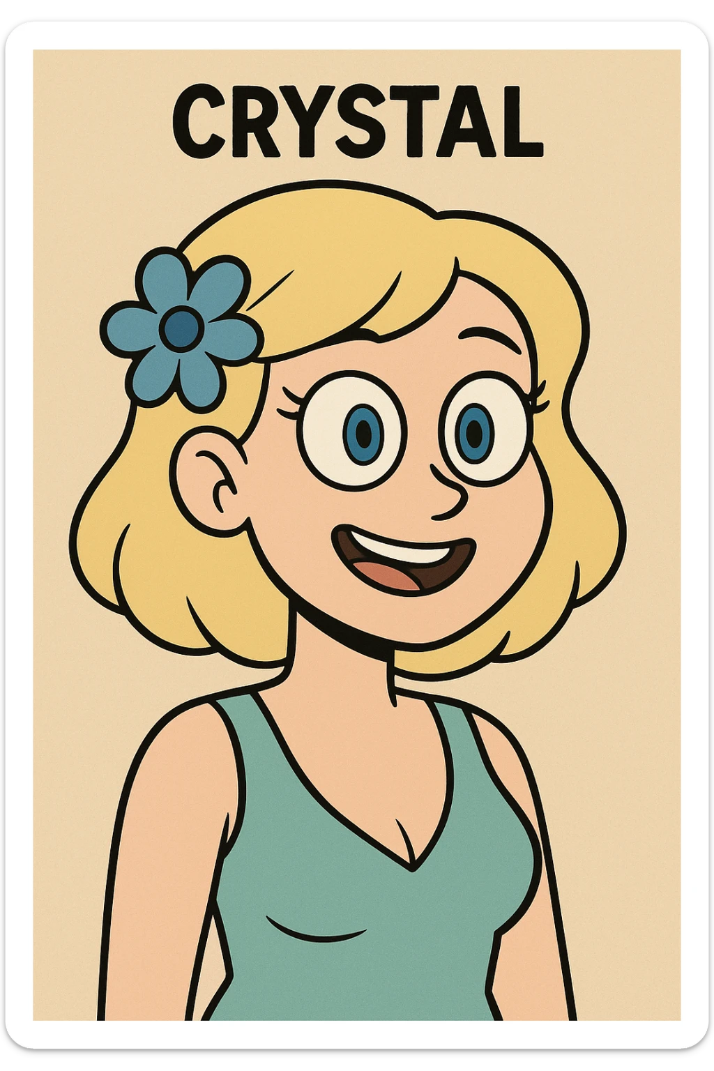 cartoon face of Crystal inspired by the reference image, blonde hair, blue flower accessory, big blue eyes sticker