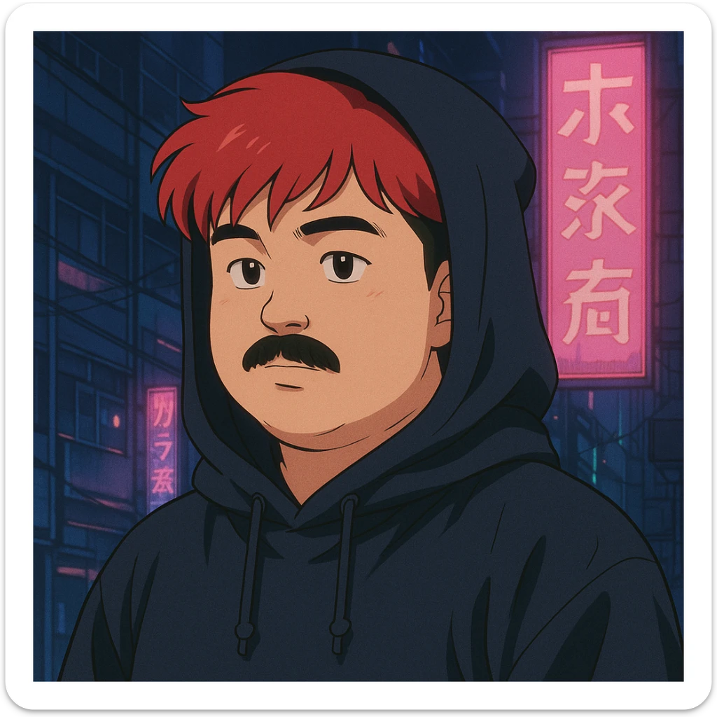 Asian man with a round face, black mustache, red hair, black hoodie, 90s Japanese anime style, soft shading, cyberpunk vibe sticker