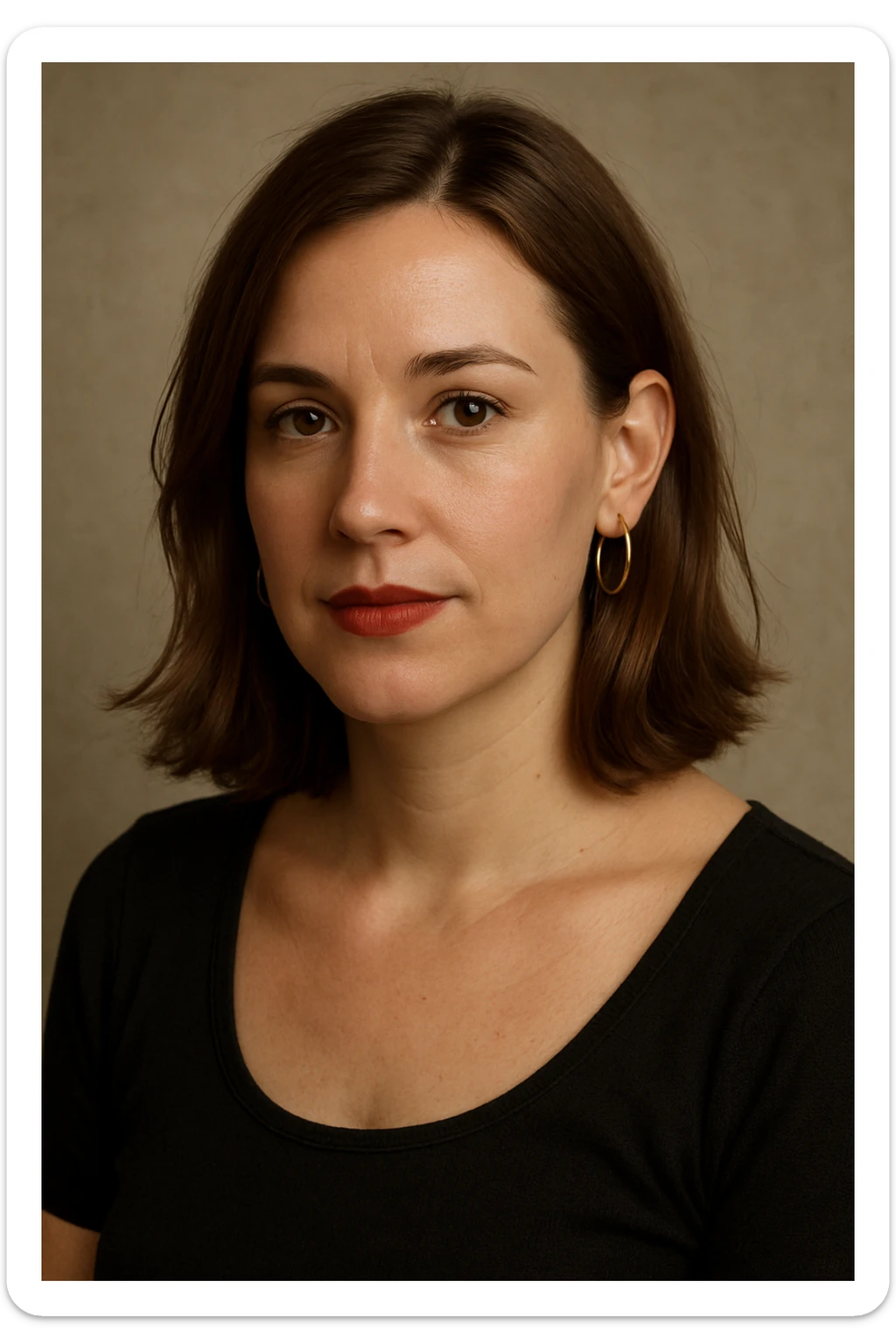 30 year old white woman, shoulder-length hair, brown eyes, left side of hair tucked behind ear, lipstick, hoop earrings, slightly tilted head, upper body portrait sticker