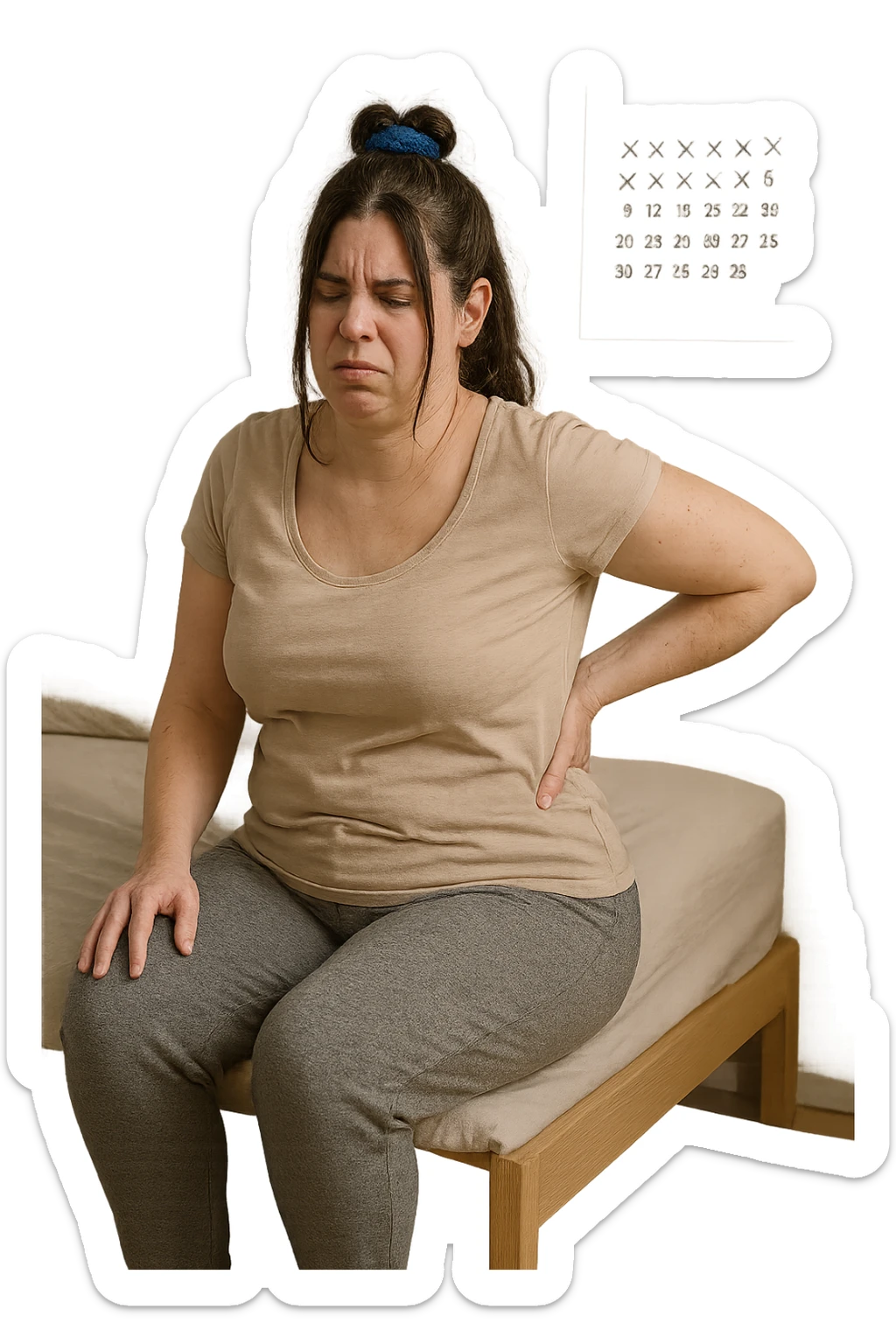 a woman in her 30s sits on the edge of her bed in the morning, holding her lower back with a pained expression. Subtle visual cues, like uneven shoulders or hips, hint at postural asymmetry. The room is softly lit, and a calendar on the wall shows months crossed off, symbolizing chronic pain over the years. sticker