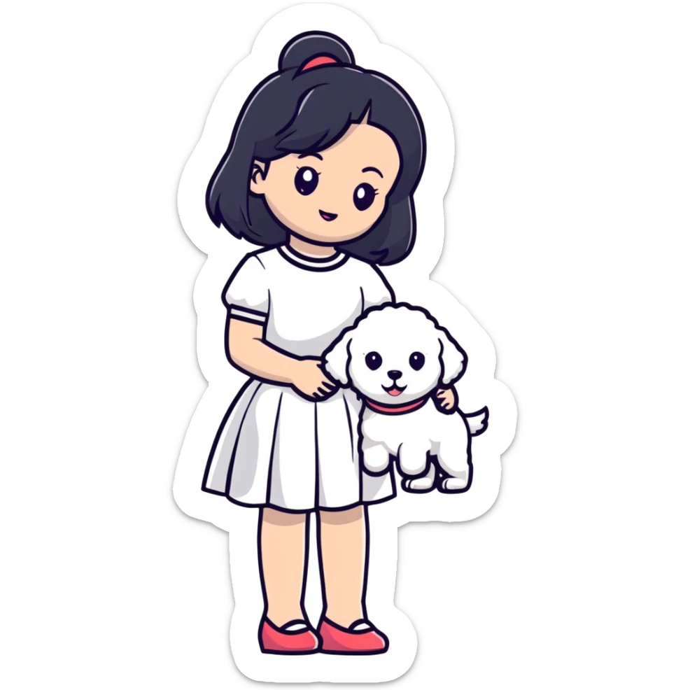 A beautiful girl with long straight black hair wearing a white skirt holding a small white Bichon Frise sticker