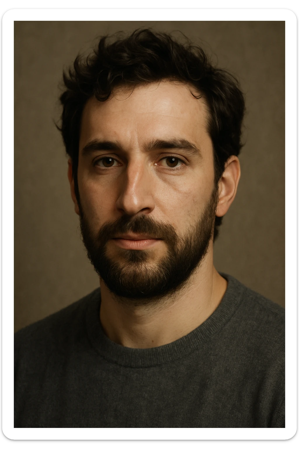 portrait of a handsome white male with dark brown, curly-ish hair, beard, and a large-ish nose sticker