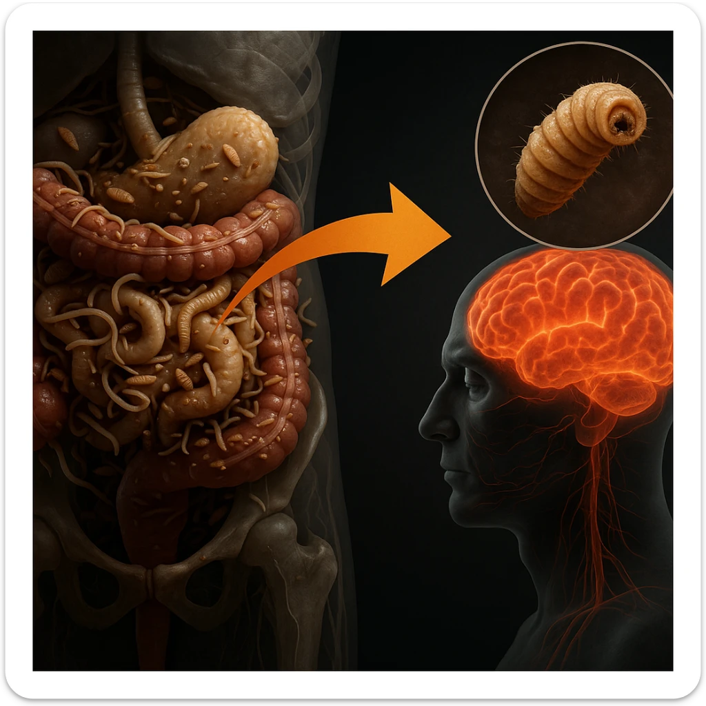Hyperrealistic 4K medical illustration of a realistic intestine in a similar position to the reference image, infested with numerous parasites including worms and larvae. Enlarged detailed view of a parasite. Medical atmosphere with emphasis on disease and tumor risks. Include an arrow connecting the intestine and brain. sticker