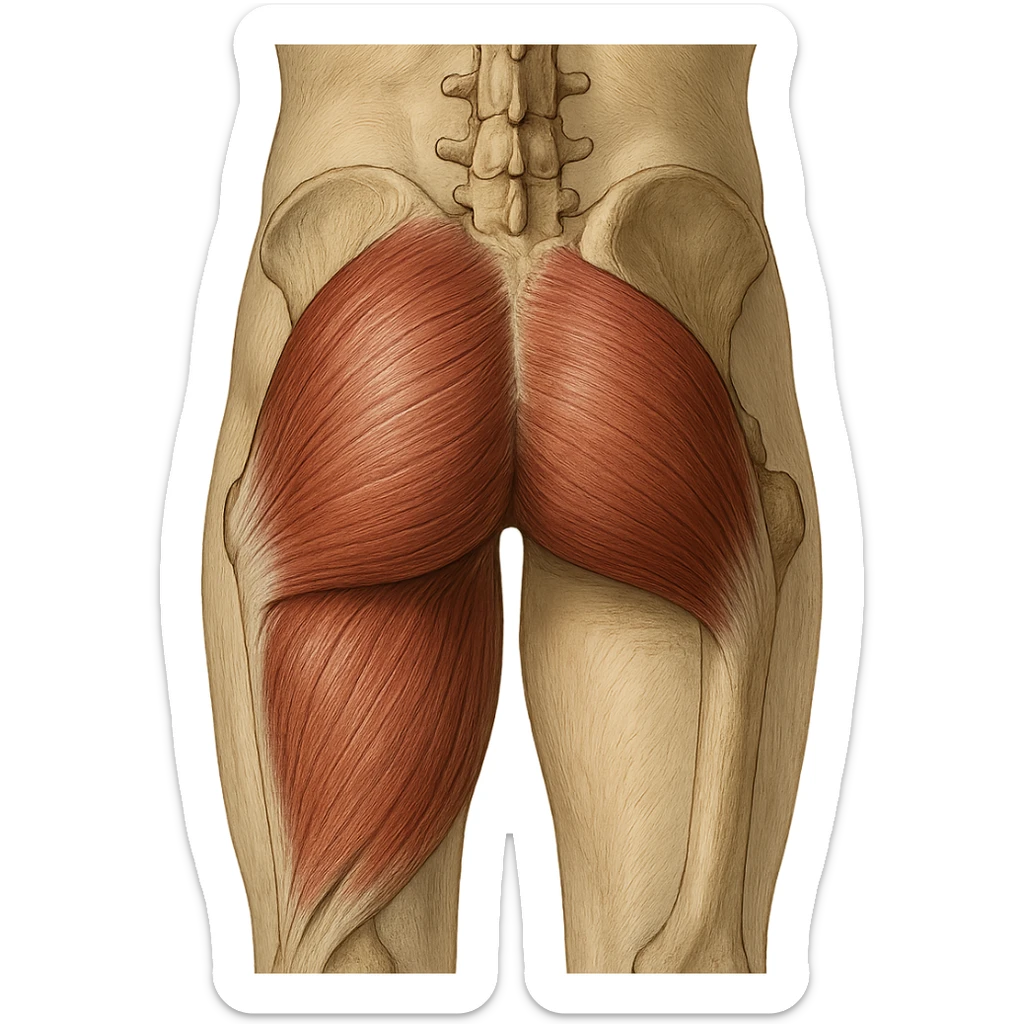 realistic and educational illustration of the gluteus maximus muscle, posterior view, anatomical details, neutral background, no explicit references to sensitive parts sticker