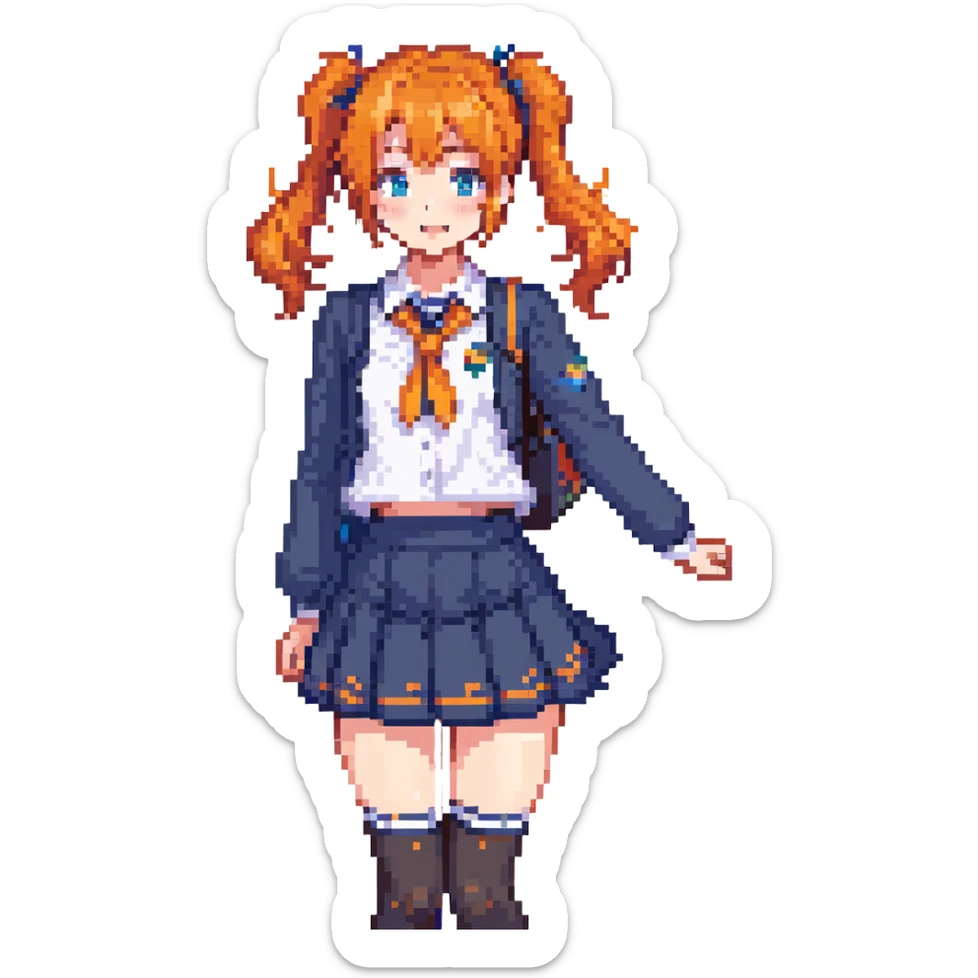 anime girl in school uniform, orange hair in side ponytail, blue eyes, standing in a courtyard with cherry blossom petals, skirt and hair fluttering in breeze, cheerful expression sticker