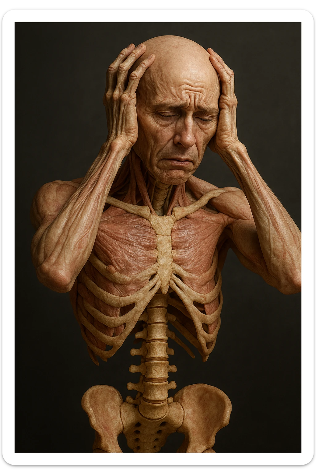 CORPO UMANO ANATOMICO con spina dorsale in evidenza, molto stanca e stressata mentre si tiene le mani sulla testa, IPERREALISTICO 4K sticker