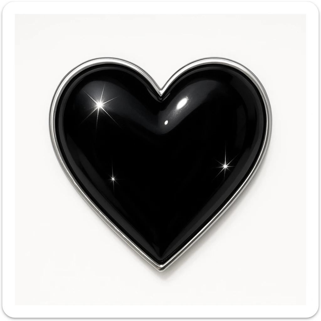 photorealistic black heart with sparkles and silver outline, glossy finish, white clean background sticker