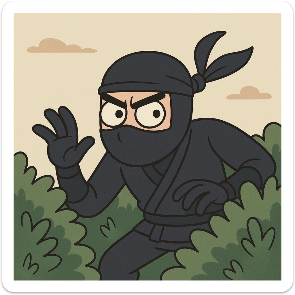 a ninja camouflaged among bushes, stealthy pose, minimal background sticker