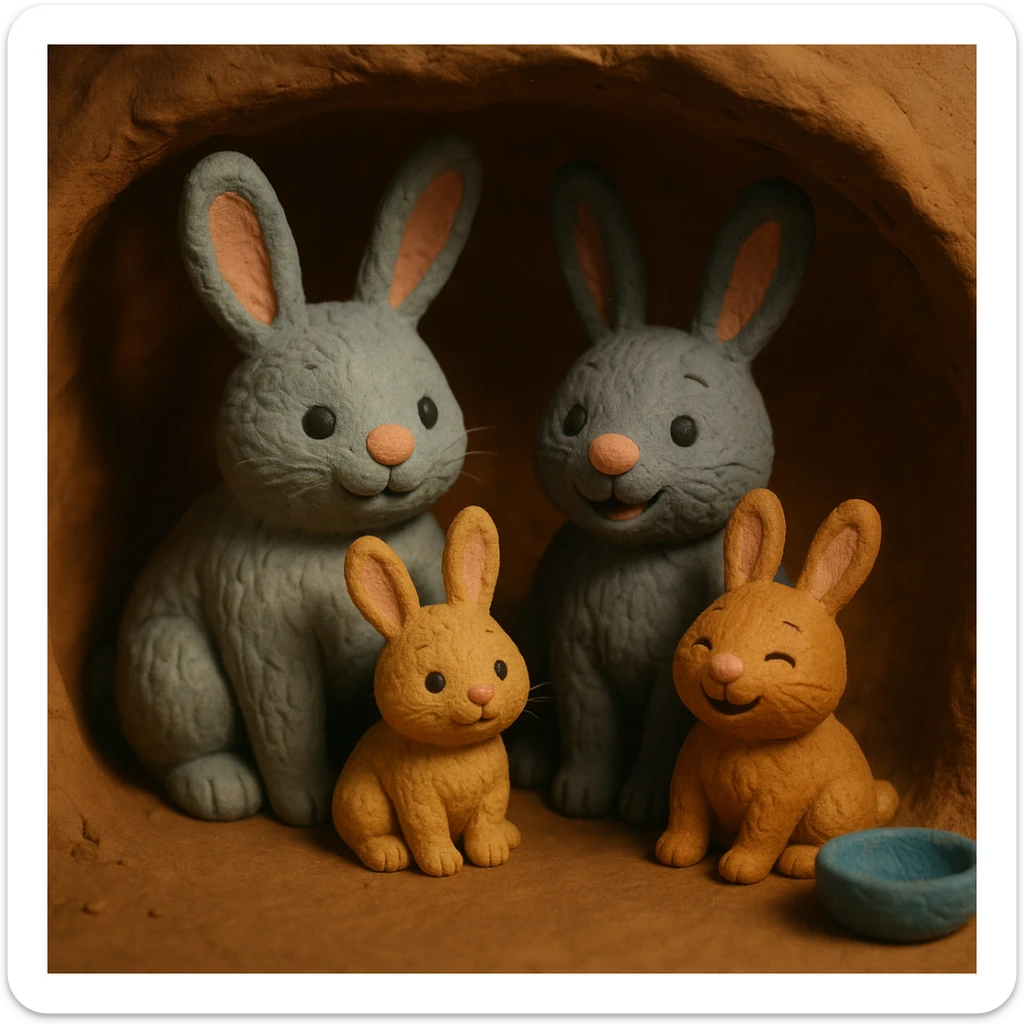 rabbit family in a burrow, cozy and cheerful, detailed fur, claymation style sticker
