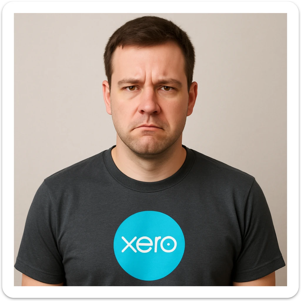 man with short brown hair, wearing a Xero software company t-shirt, looking not amused, neutral background sticker