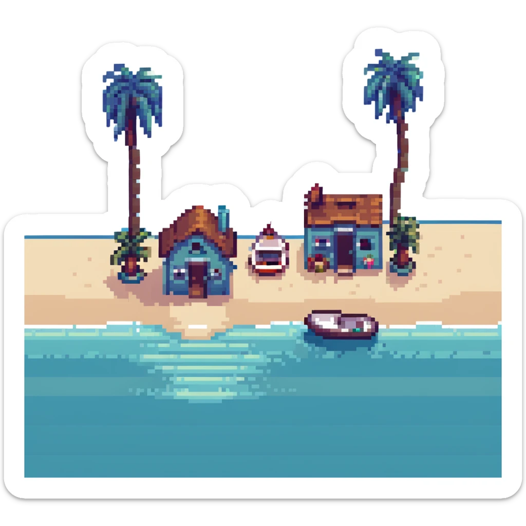 small cozy house by the sea in a coastal village, pixel art emoji style, 32x32, bright colors, blue ocean, sandy shore, a few palm trees or boats in the background sticker
