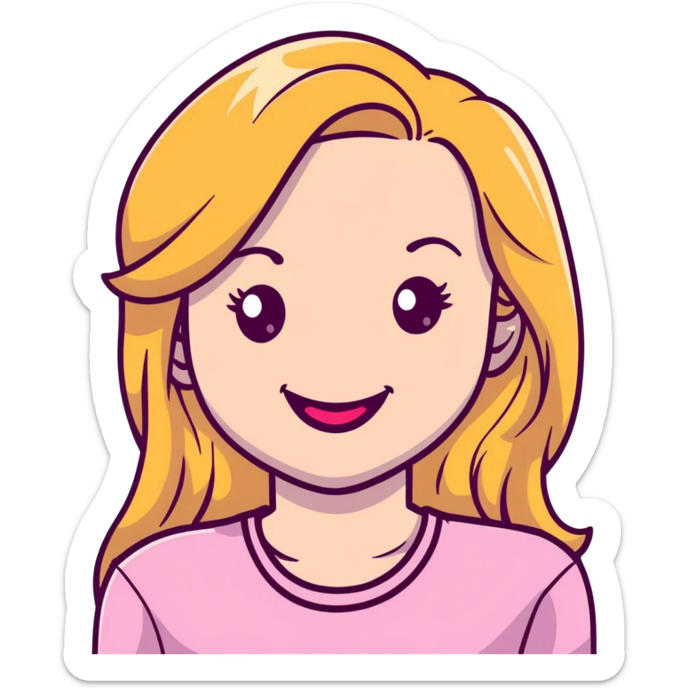 Young girl with pale skin, full pink lips smiling, blonde reddish long hair, big brown eyes with a hint of green, big mouth sticker