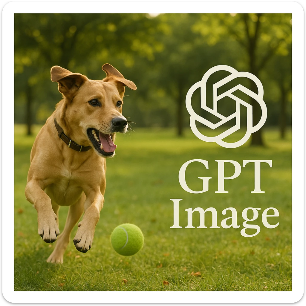  logo of chat gpt with text "GPT Image" on the background of a dog chasing ball, realistic image sticker