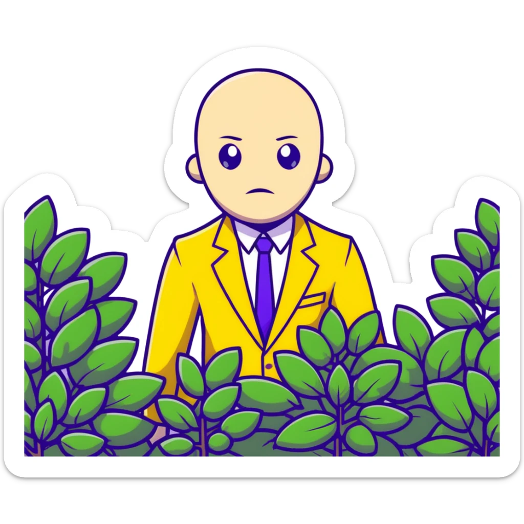 Man in a yellow suit looking suspicious while hiding in a bush, shifty eyes sticker