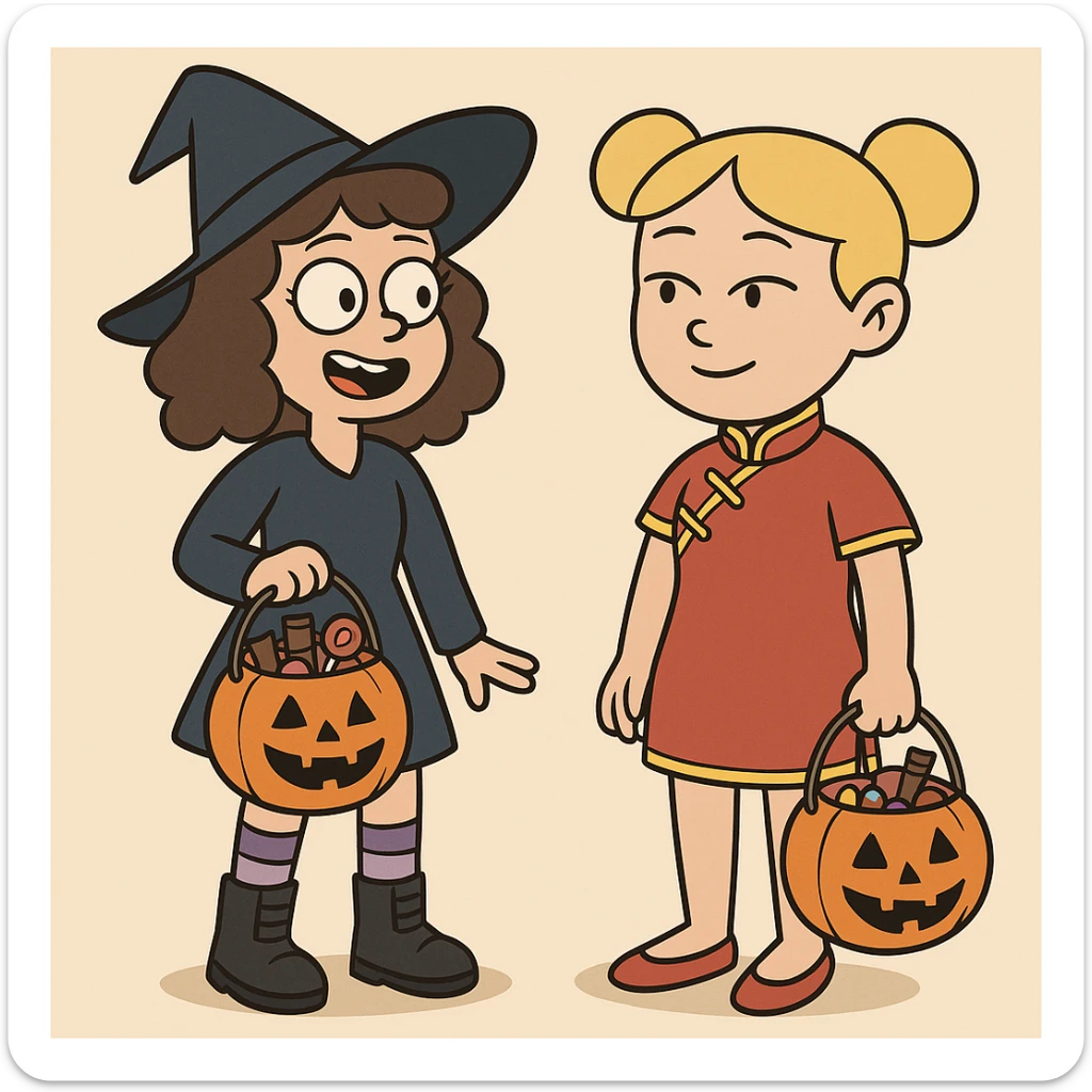 girl brown classic curls hair blue witch a witch costume purple stripes socks black boots girl yellow hair Chinese Girl Costume Red Oriental Dress red shoes some trick or treats  sticker