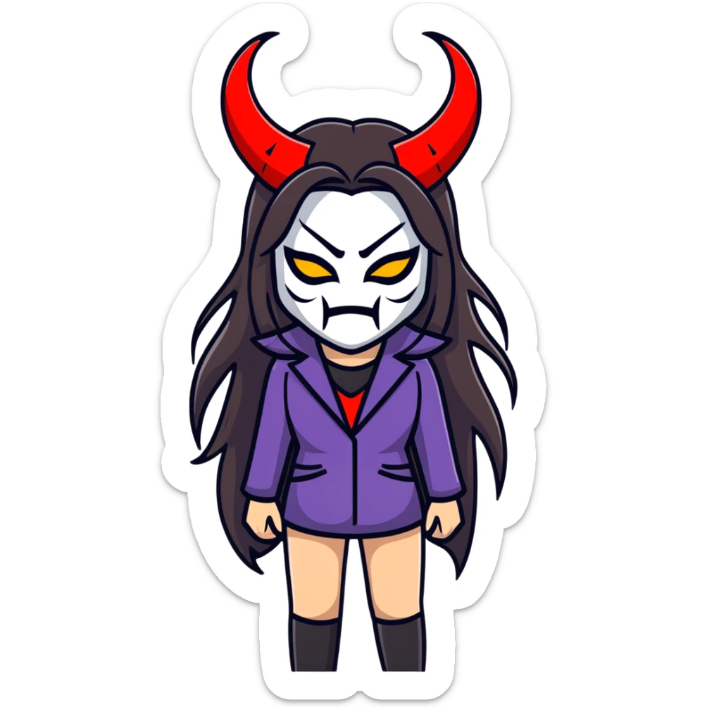 sinister female figure with demon mask and long dark hair sticker