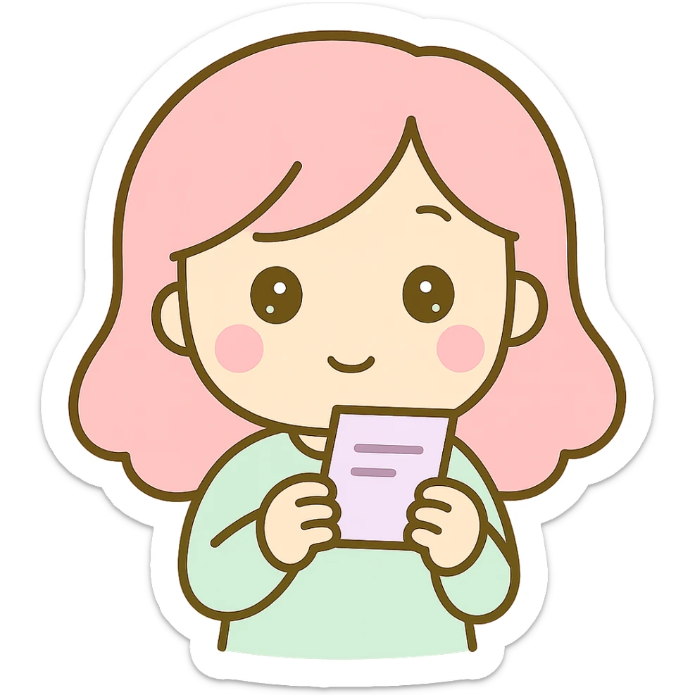 Edit the image to show the woman checking out a receipt, holding a receipt and looking at it, in the same kawaii chibi anime style with flat pastel colors, thick outlines, and simple cute features. Keep the background transparent. sticker