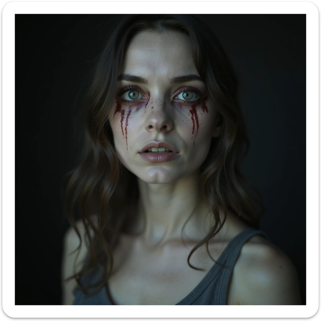 realistic horror portrait of a beautiful but scary woman with hollow eyes, pale flawless skin, dark background, horror sticker