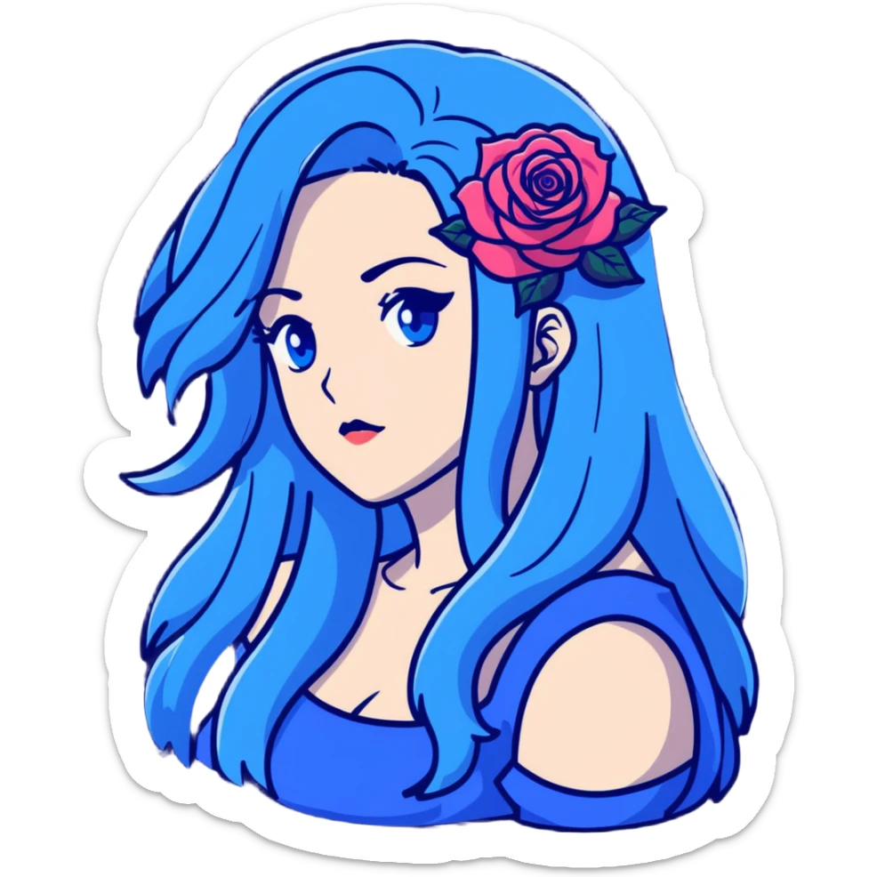 head portrait of anime girl with long dark blue hair, blue rose in hair, blue eyes, JoJo's Bizarre Adventure art style, dramatic look, head only sticker