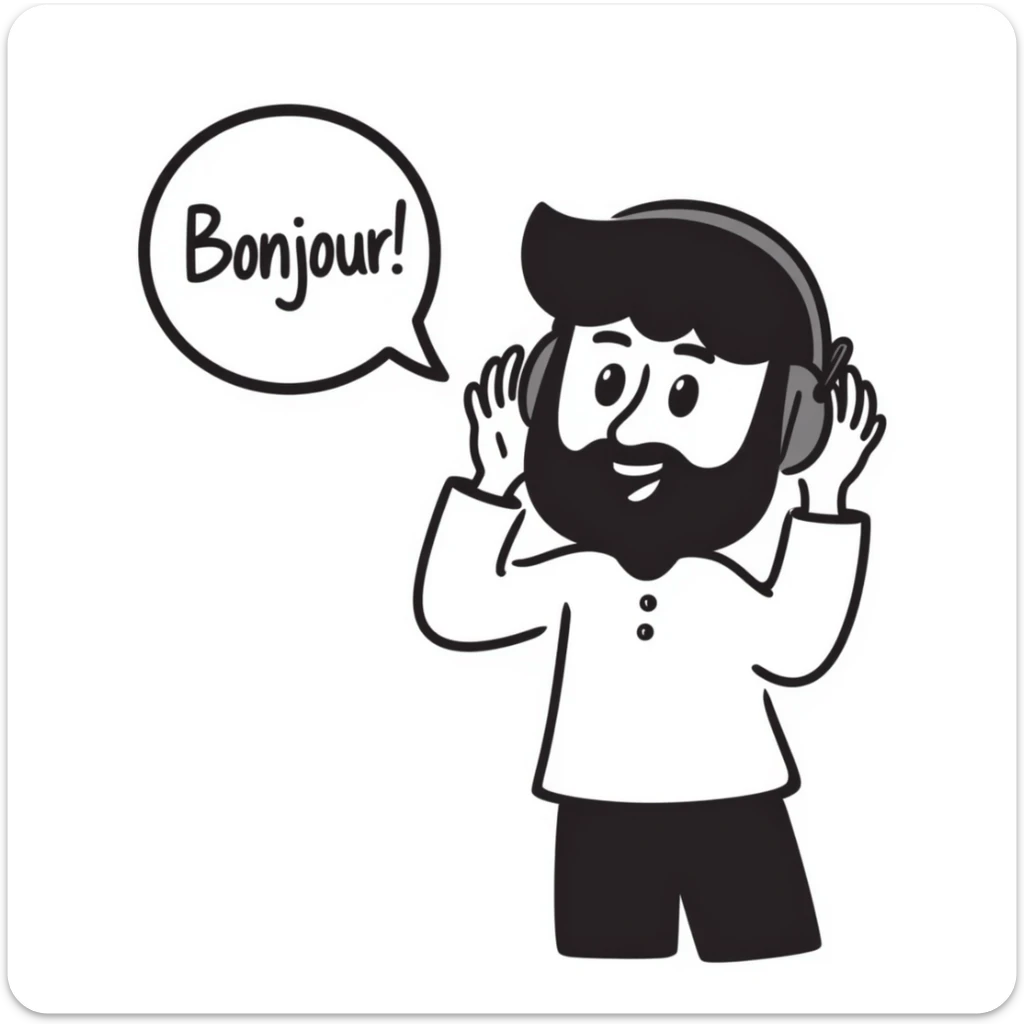 Anime-style character saying "Bonjour!", with black hair, brown eyes, black beard, wearing gaming headphones, Japanese animation style sticker
