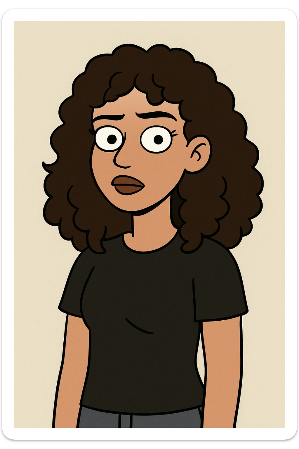 portrait of a girl with 2b dark brown curly hair, brown eyes and lips, light morena skin, wearing a black t-shirt, flat toon style sticker