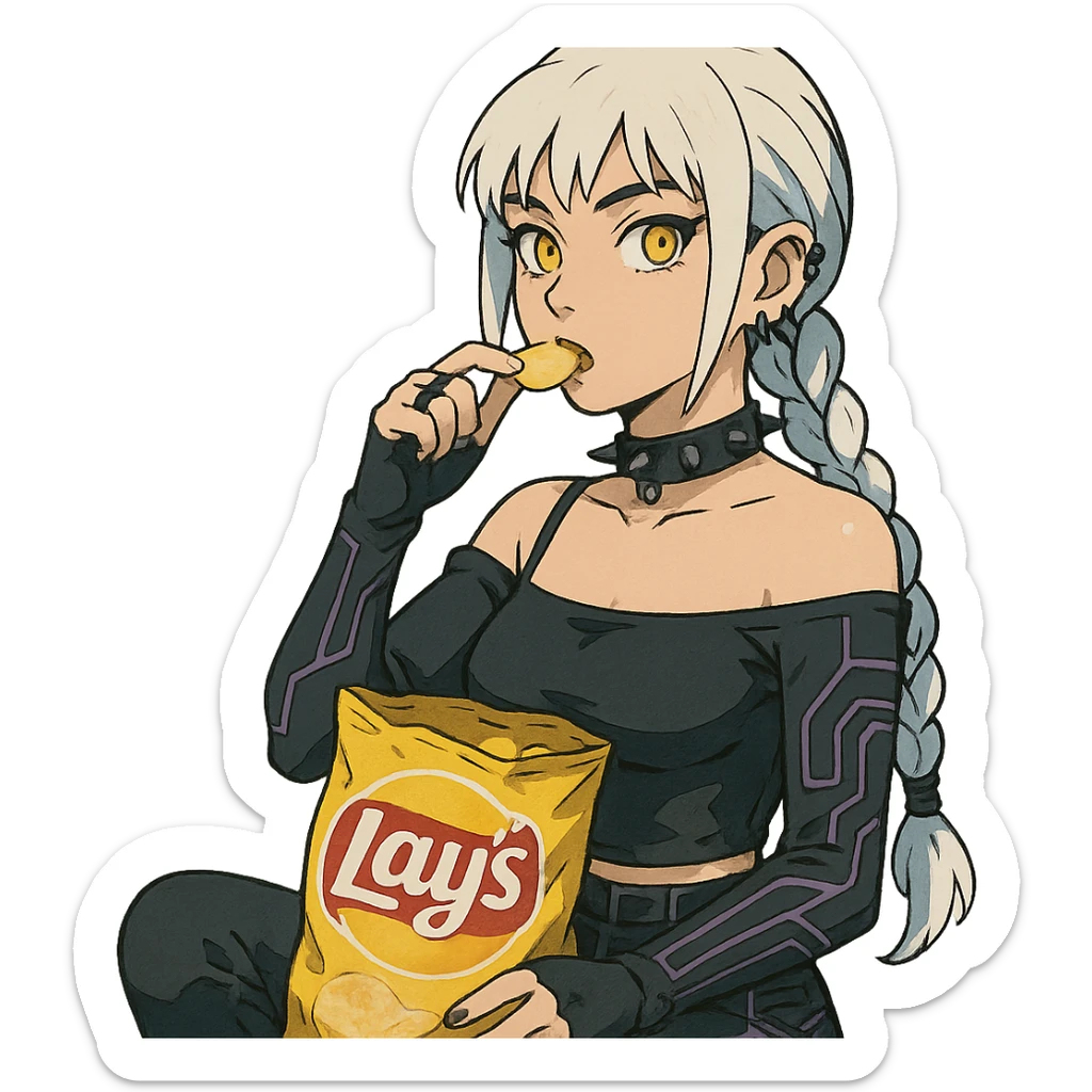  she is snacking out of a huge bag of lays-chips, a closeup portrait of young woman with gold yellow eyes, white hair, long braid, black off-shoulder top d-cup, punk gothic style, futuristic cyberwave cyberpunk, sitting position
 sticker