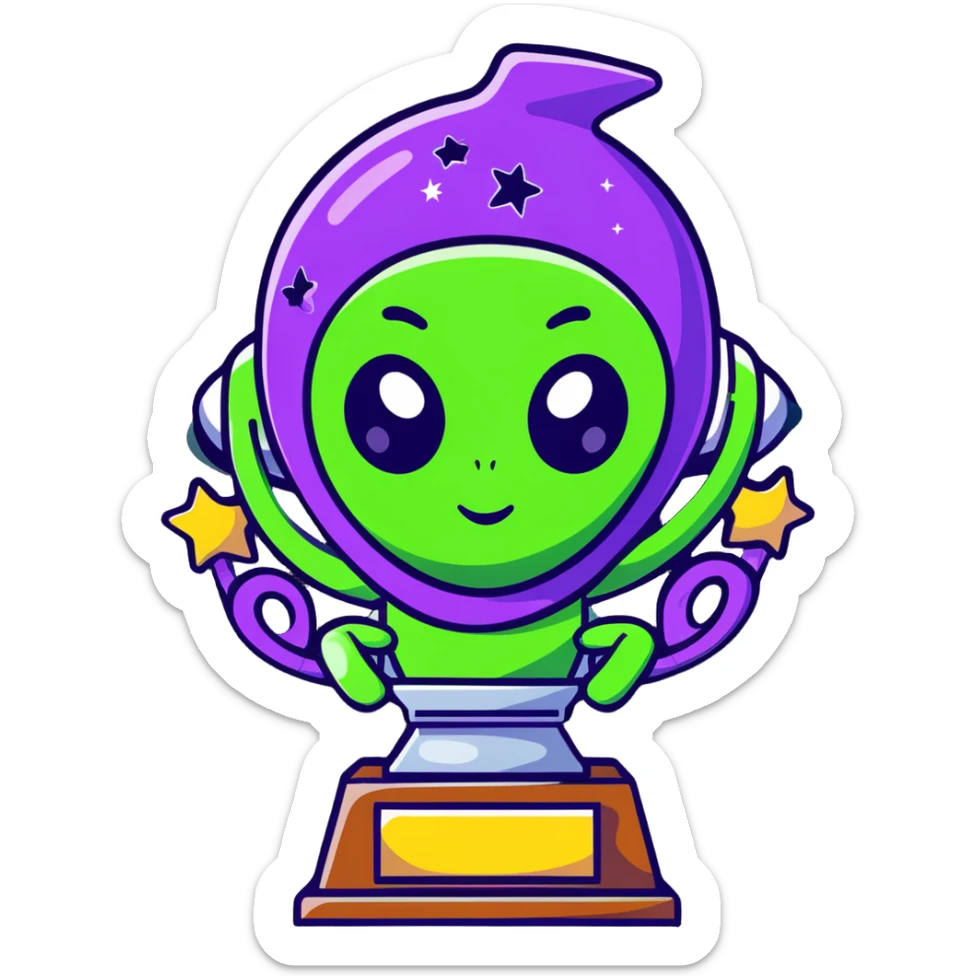 An alien trophy award with swirling cosmic colors, deep space nebula hues, and star patterns sticker