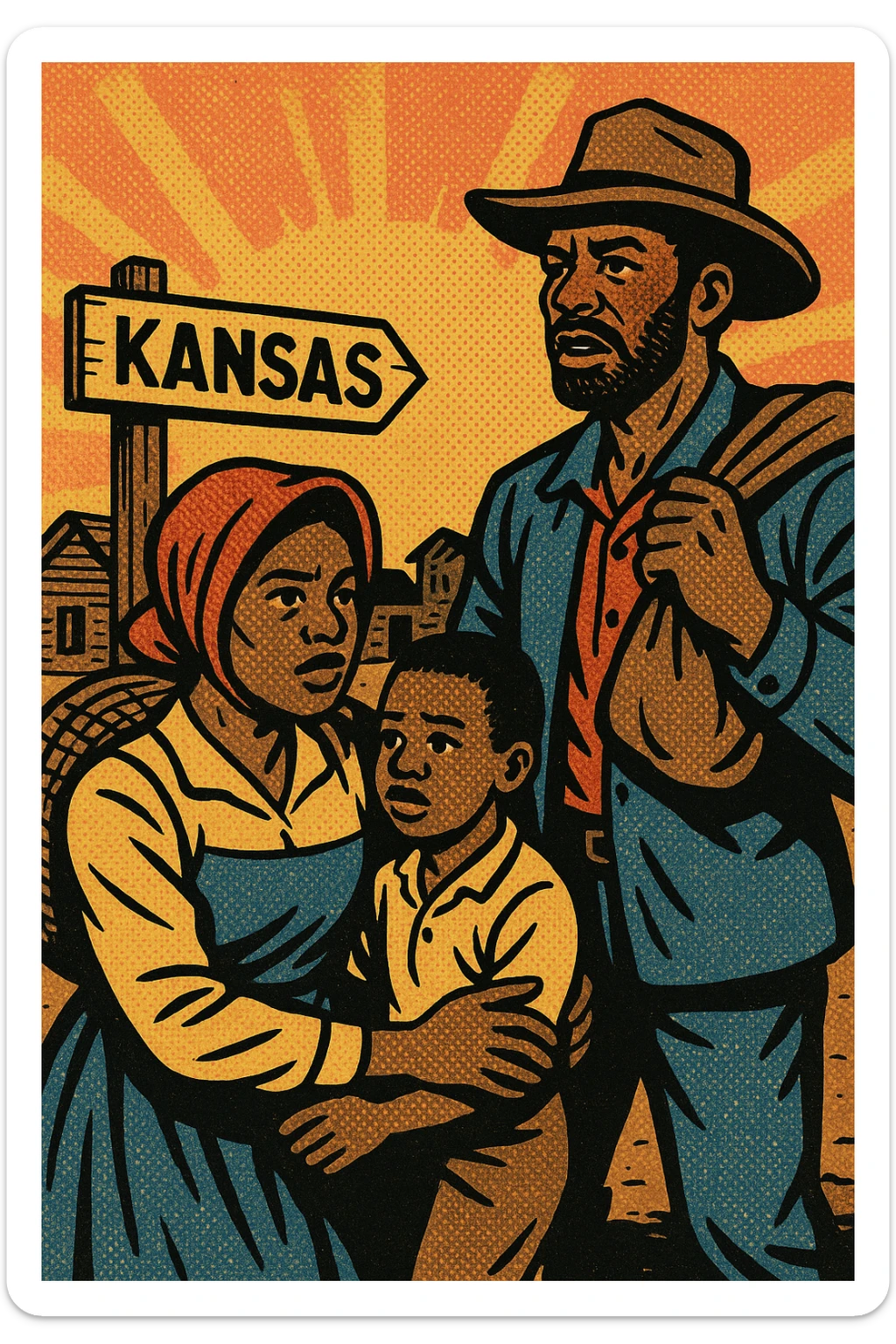An African American black exoduster family in the American West in 1879 in a small settler town with the sign post Kansas sticker
