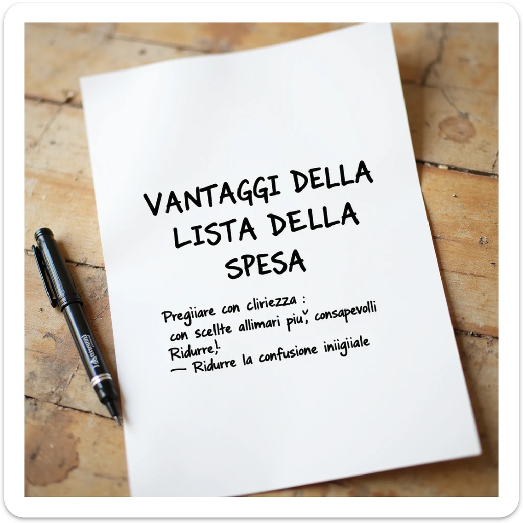 top view of a sheet of paper with handwritten text in pen: 'VANTAGGI DELLA LISTA DELLA SPESA: Iniziare con chiarezza Prendere confidenza con scelte alimentari più consapevoli Ridurre la confusione iniziale', hyperrealism, 4K resolution, no background sticker