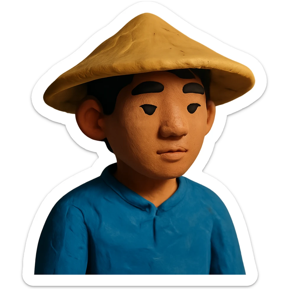 young Asian man with a rice hat sticker