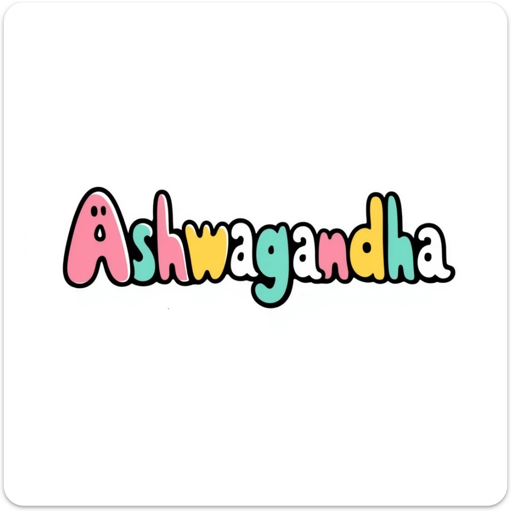 The word "Ashwagandha" hand-drawn in a vibrant tropical color scheme with pinks, teals, and yellows. Simple doodle style with minimal decoration. sticker
