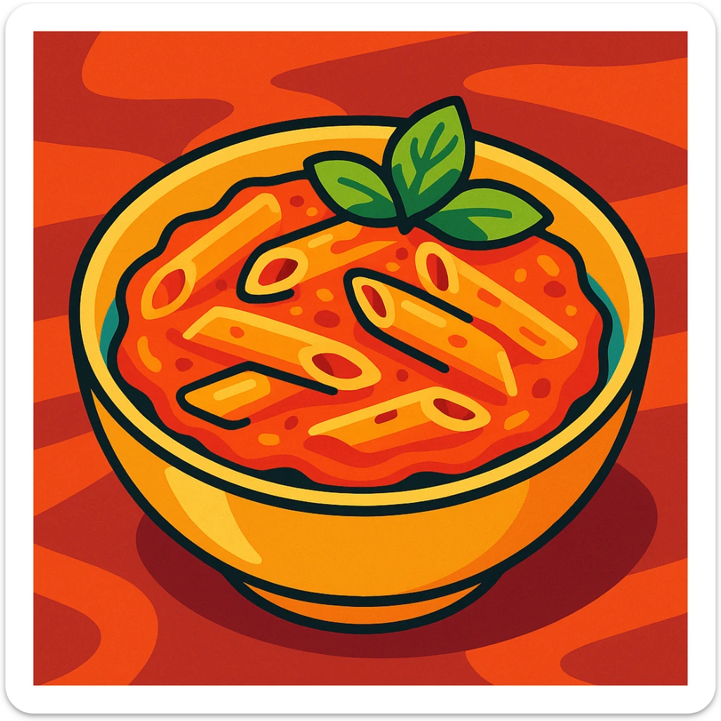 a bowl of creamy vodka pasta with penne noodles, tomato sauce, and a sprig of basil, appetizing and colorful sticker