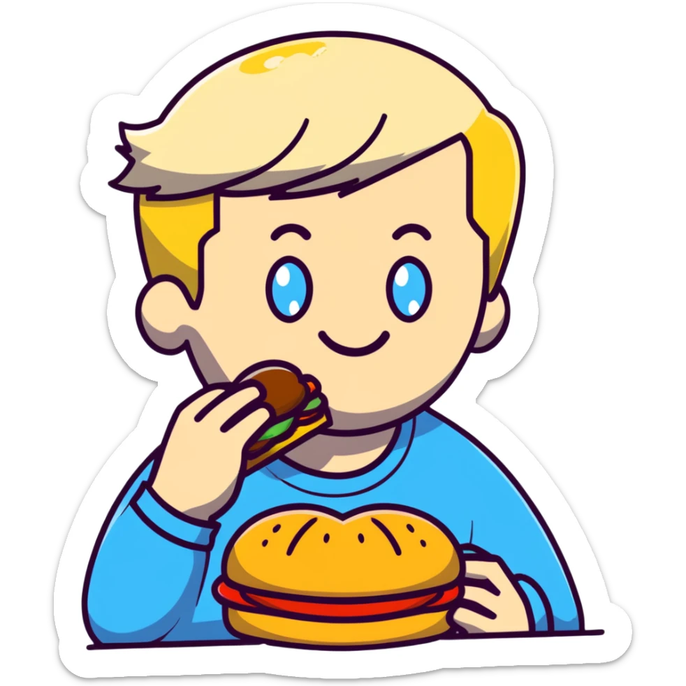Blonde man with white skin and blue eyes eating a McDonald's hamburger, LGBT pride symbol sticker