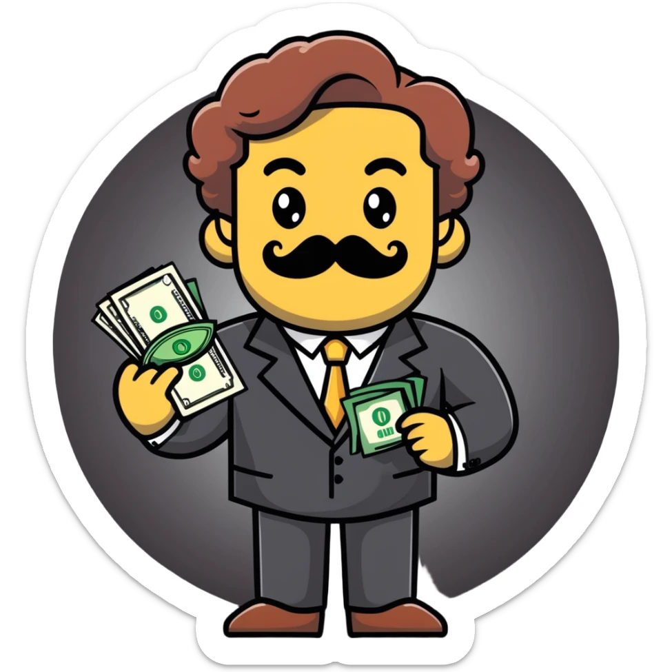 Finance broker with enormous curly mustache, business suit, dollar sign eyes, holding money sticker