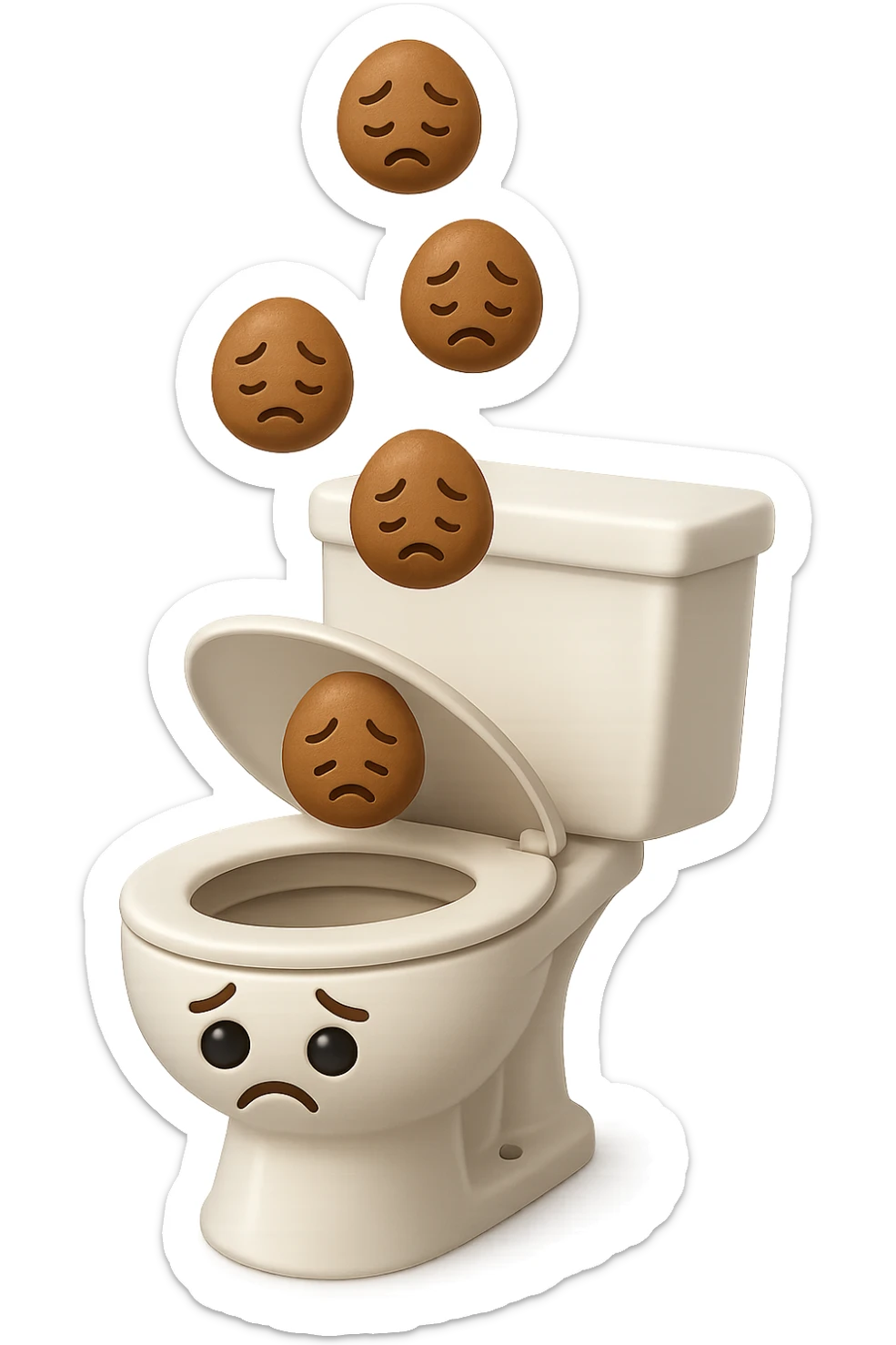 EMOJI STILE IPHONE 3D DI un water con palline di cacca tristi che cadono dall'alto verticalmente, iperrealistico 4k sticker