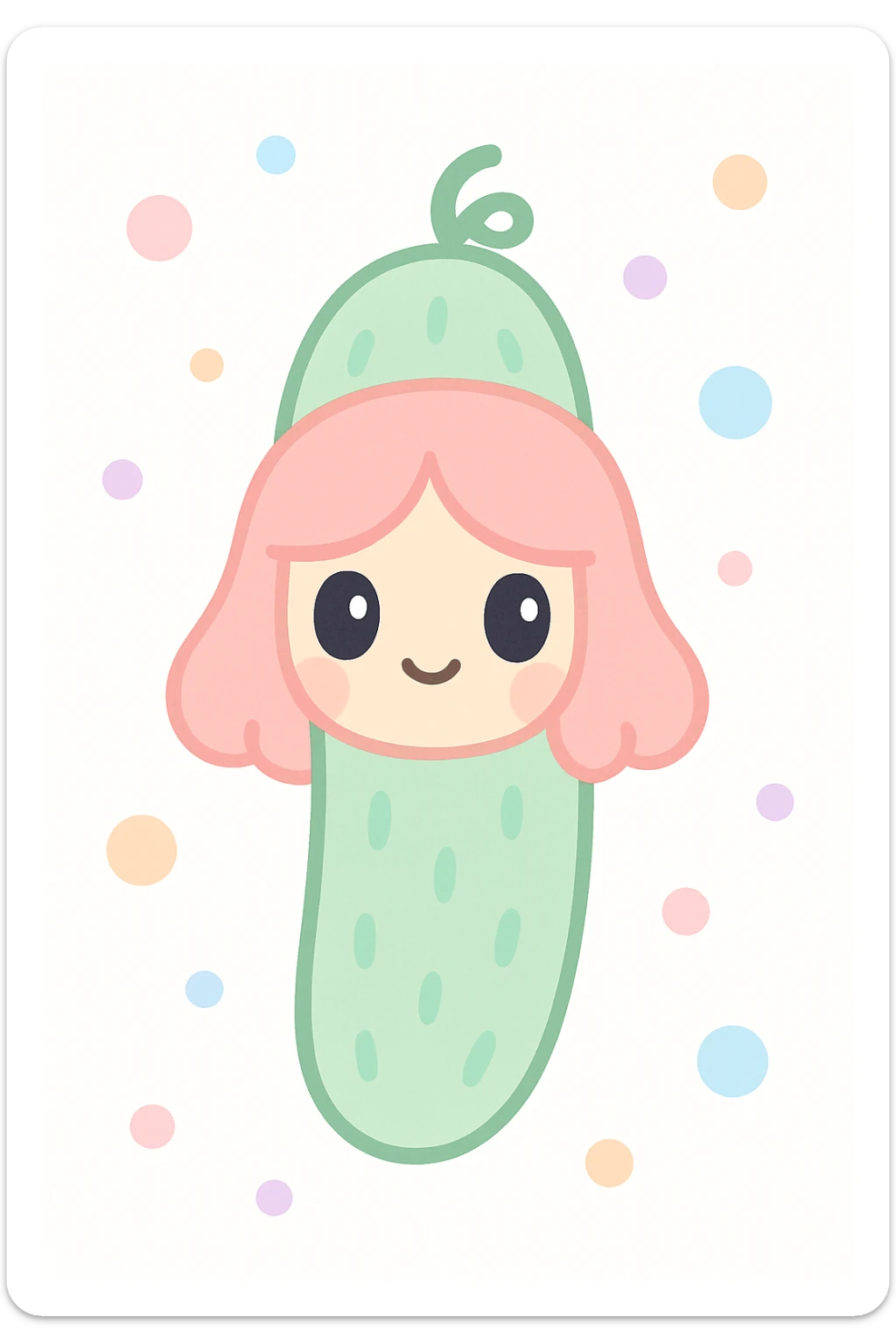 playful illustration of a cucumber character with a girl's face and hair, cute and whimsical style sticker