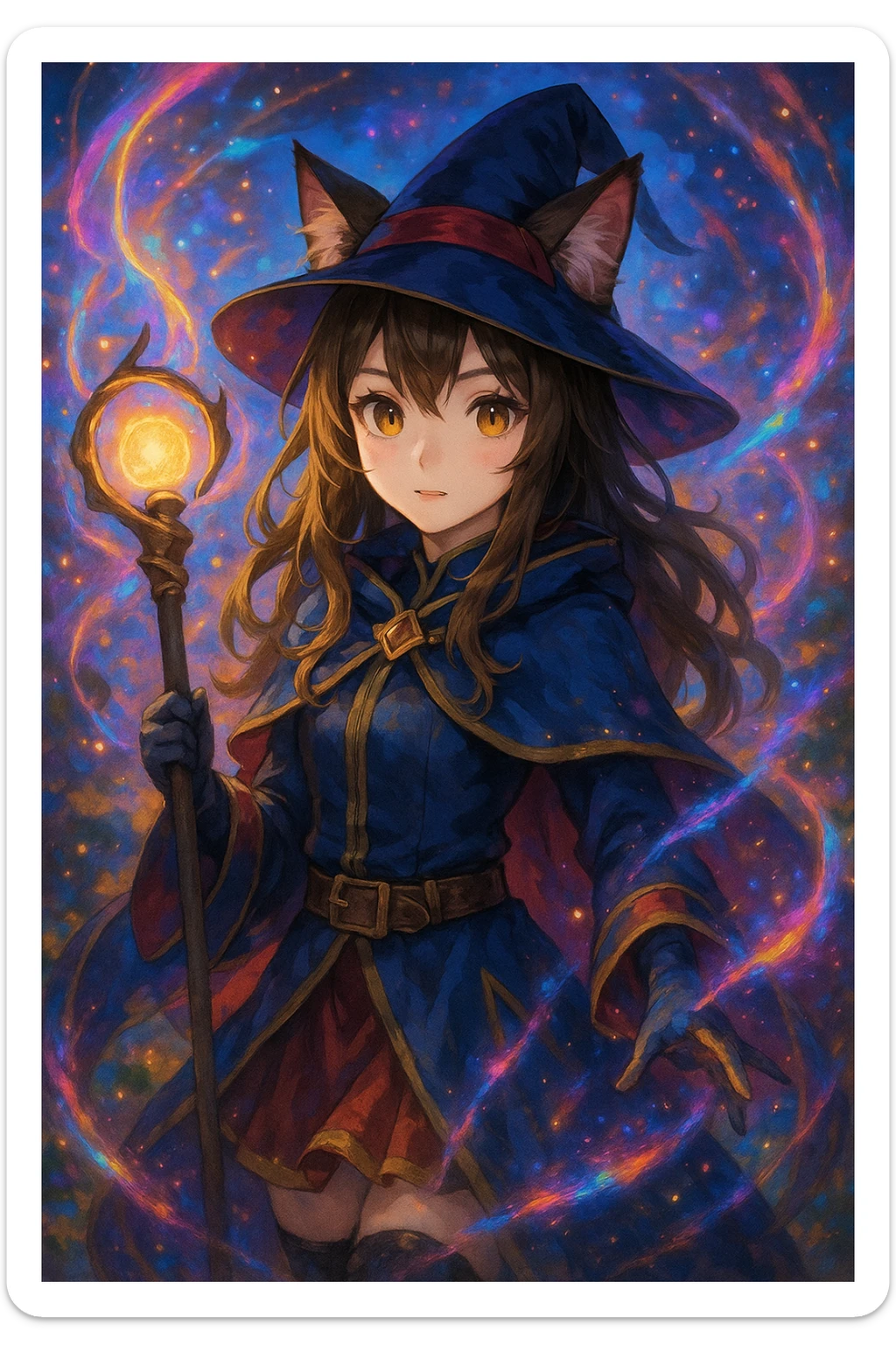 realistic anime catgirl in a fantasy mage outfit, glowing staff, magical effects, vibrant background sticker
