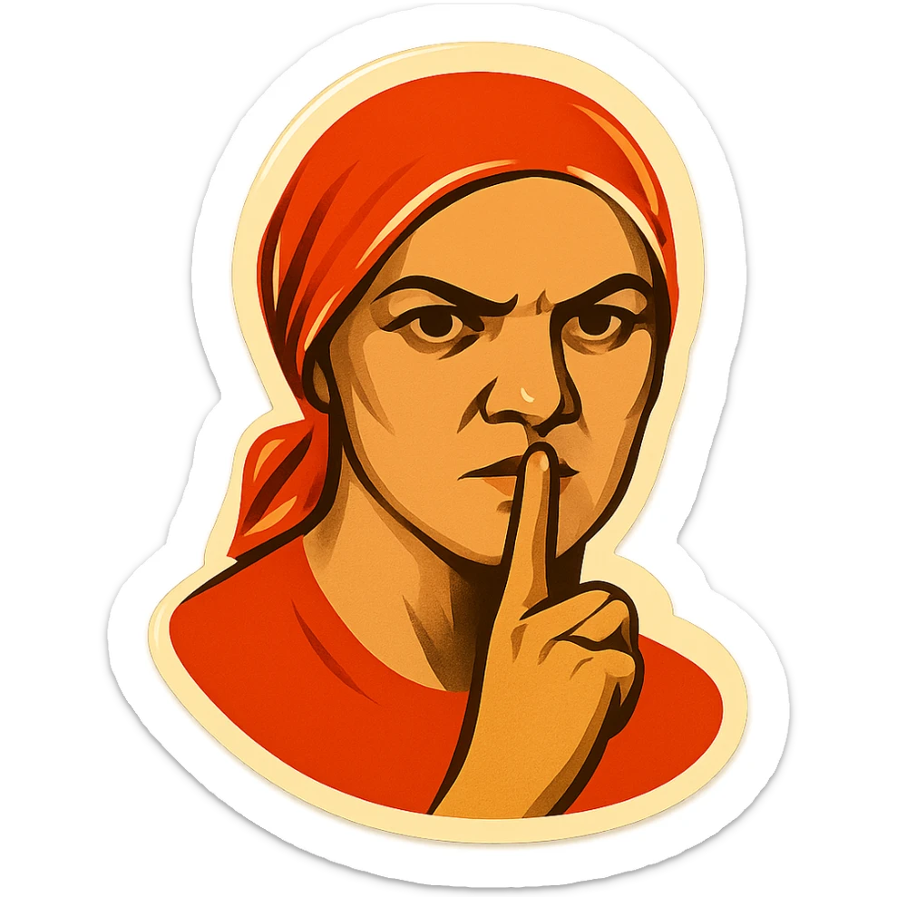 stylized emoji inspired by USSR 'не болтай' propaganda poster, woman with finger to lips, bold graphic style, Soviet poster aesthetic sticker