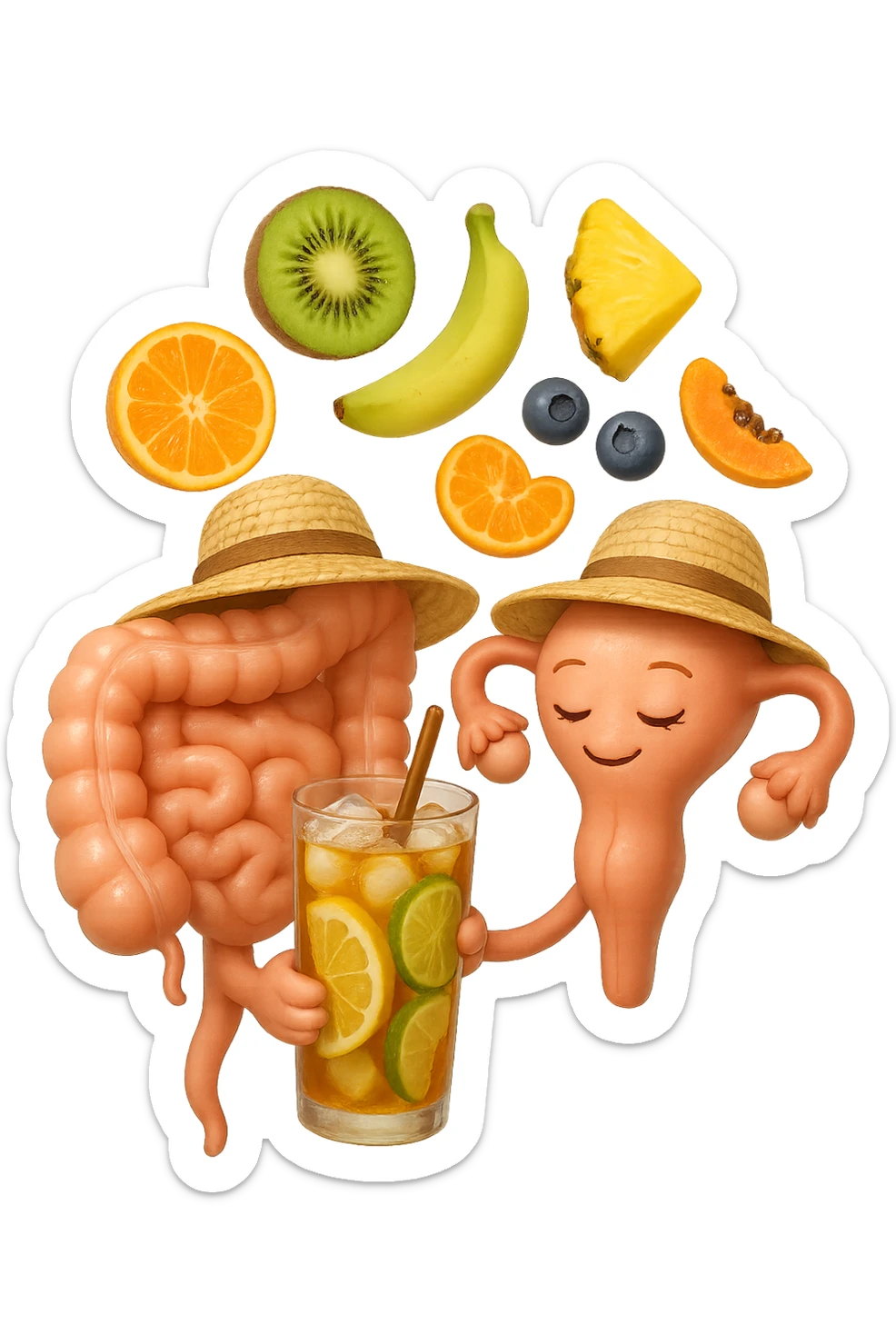 EMOJI STILE IPHONE DI INTESTINO E UTERO UMANI REALISTICI CON CAPPELLO DI PAGLIA DA SPIAGGIA CHE BEVE UN Tè FREDDO IN BICCHIERE DI VETRO CON DENTRO  fette di cetriolo, limone, lime, DIETRO L'INTESTINO FLUTTUANO PEZZETTI DI Kiwi
Banana acerba
Arance e mandarini
Mirtilli
Ananas
Papaya
IPERREALISTICO 4K sticker