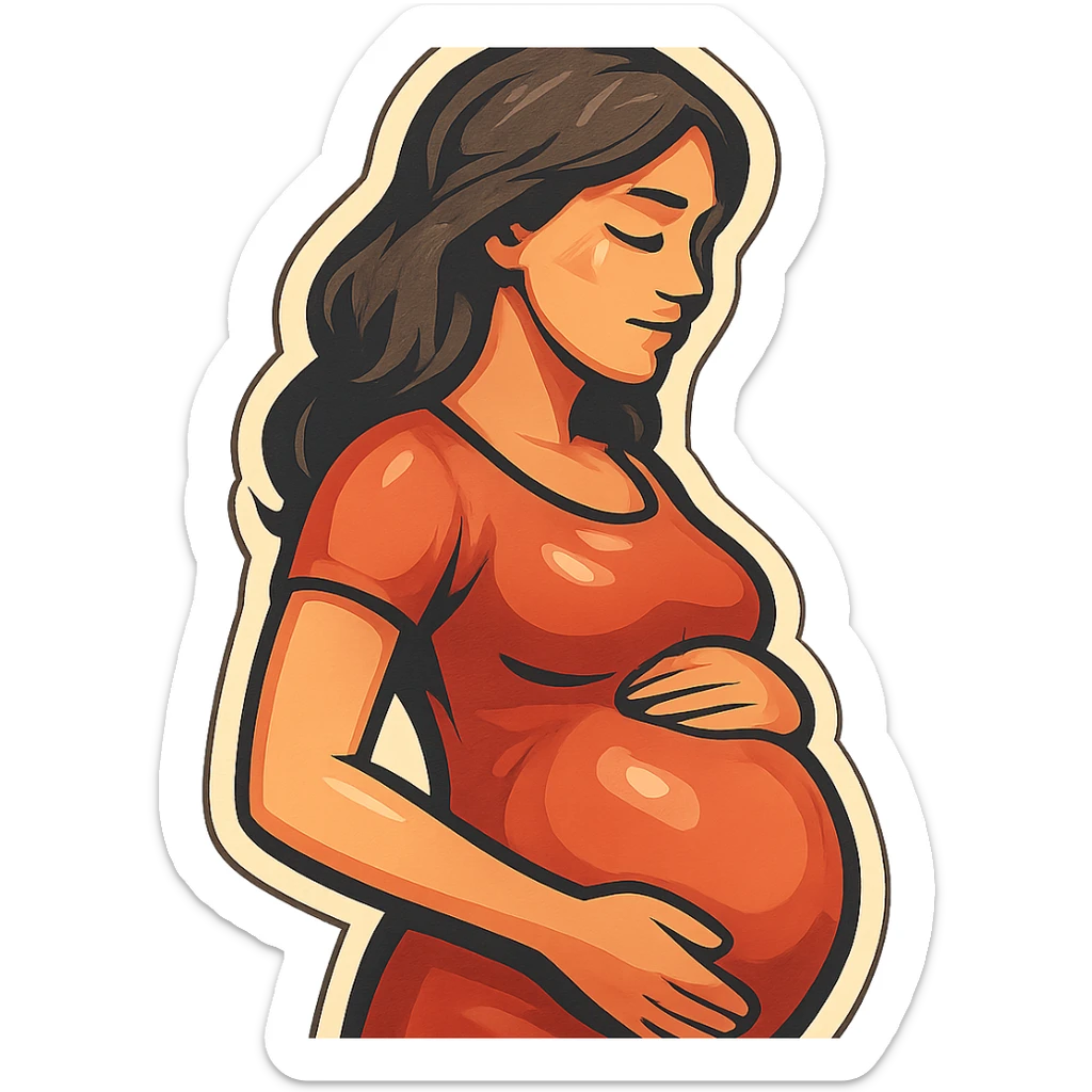 pregnant woman half-length portrait, standing sideways, holding belly, face and head fully in frame, retro stickers style, soft rounded shapes, expressive contours, vintage color palette, light paper texture, shadows and highlights, transparent background sticker