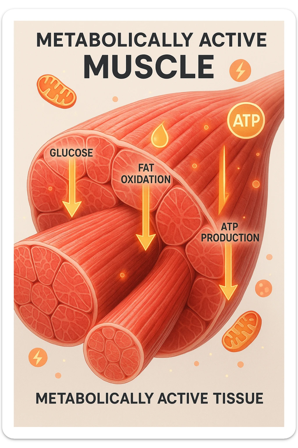 a highly detailed cross-section of human skeletal muscle fibers, shown in vibrant red and pink tones, with visible striations and realistic texture. Glowing arrows and animated icons represent active metabolic processes—such as glucose uptake, fat oxidation, and ATP production—occurring within the muscle tissue. Surrounding the muscle, floating symbols for mitochondria and energy highlight its metabolic activity. The background is clean and clinical, with subtle labels and infographics explaining that muscle is a metabolically active tissue. The overall style is modern, scientific, and visually engaging, suitable for educational or medical use. in italiano sticker
