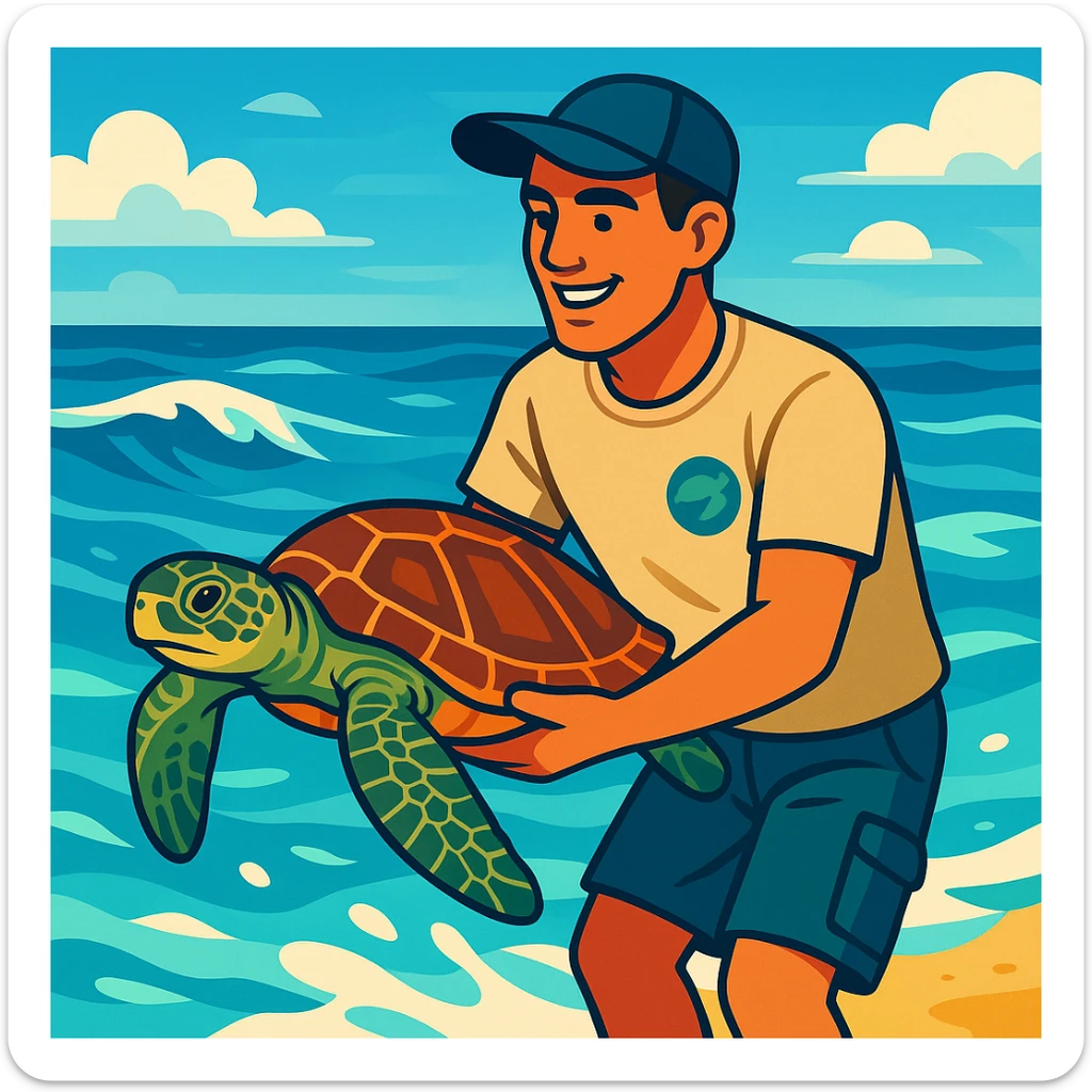 male marine conservationist releasing a sea turtle with ocean background vibrant semi-realistic illustration style sticker