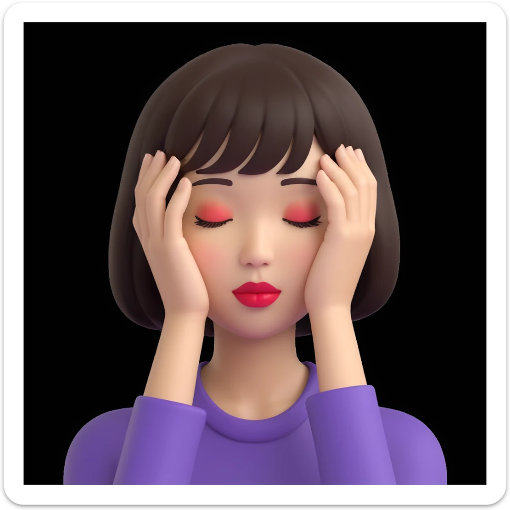 A young Asian woman with short, dark brown hair with bangs, neutral facial expression, closed eyes, vibrant red lips, light beige skin tone, close-up portrait, plain white background, cartoon-like and stylized, bright and saturated colors, even and flat lighting, neutral atmosphere, 3D emoji style. sticker