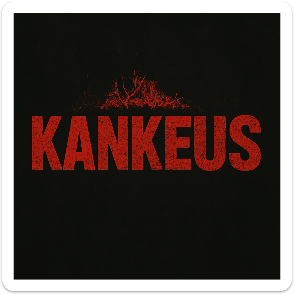 Change the KankeuS logo text color to red instead of white, keeping the DayZ-like font, rough, grunge, apocalyptic look, on dark background. Maintain the rough, grunge, apocalyptic style with red text on dark background. sticker