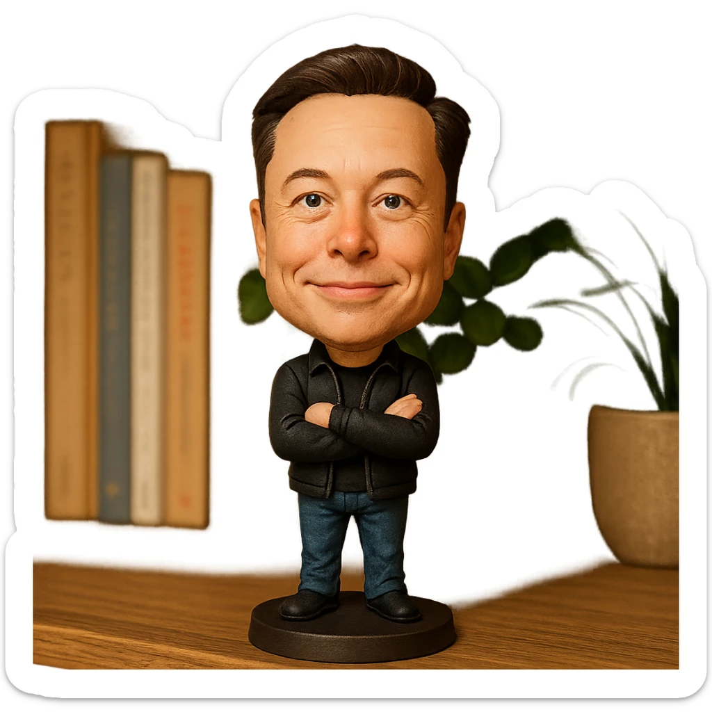 exaggerated cartoonish features bobblehead of Elon Musk in a casual outfit sticker