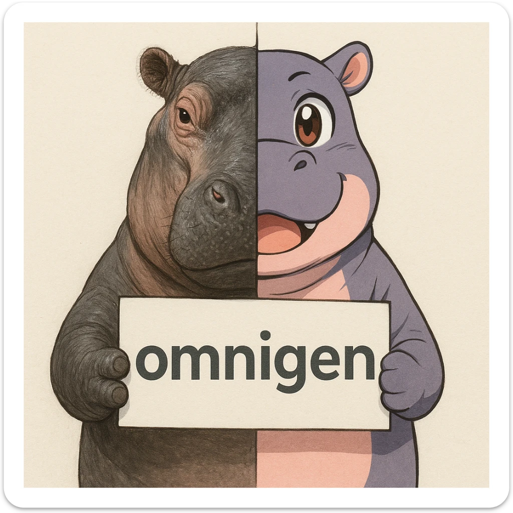 a hippo holding sign of omnigen, half picture hippo is realistic another hald is the anime of that same hippo sticker